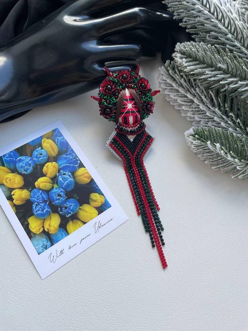 Ukrainian Motanka Brooch — Burgundy