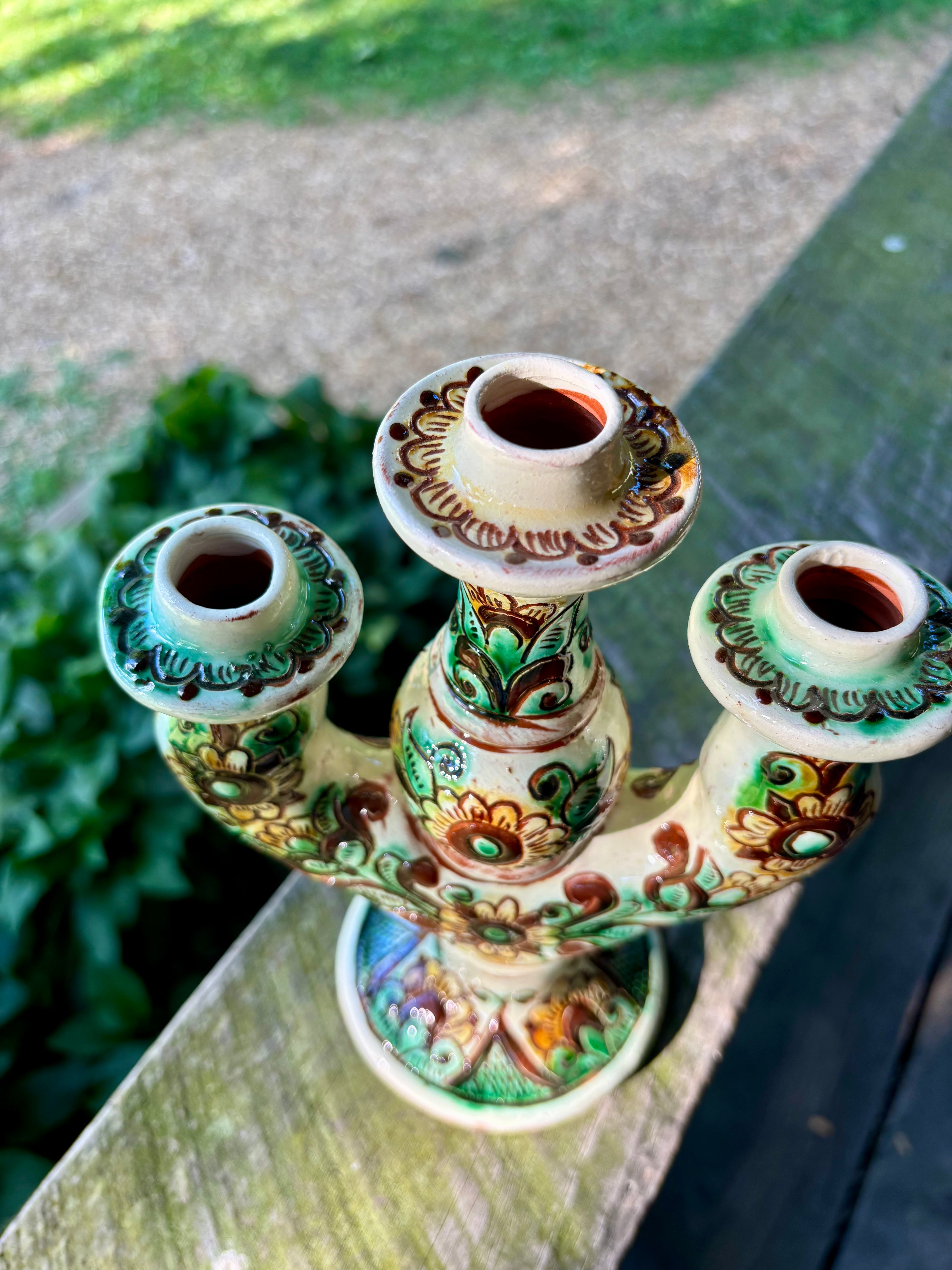 Kosiv Ceramic Three-Candle Holder – 10 Inches