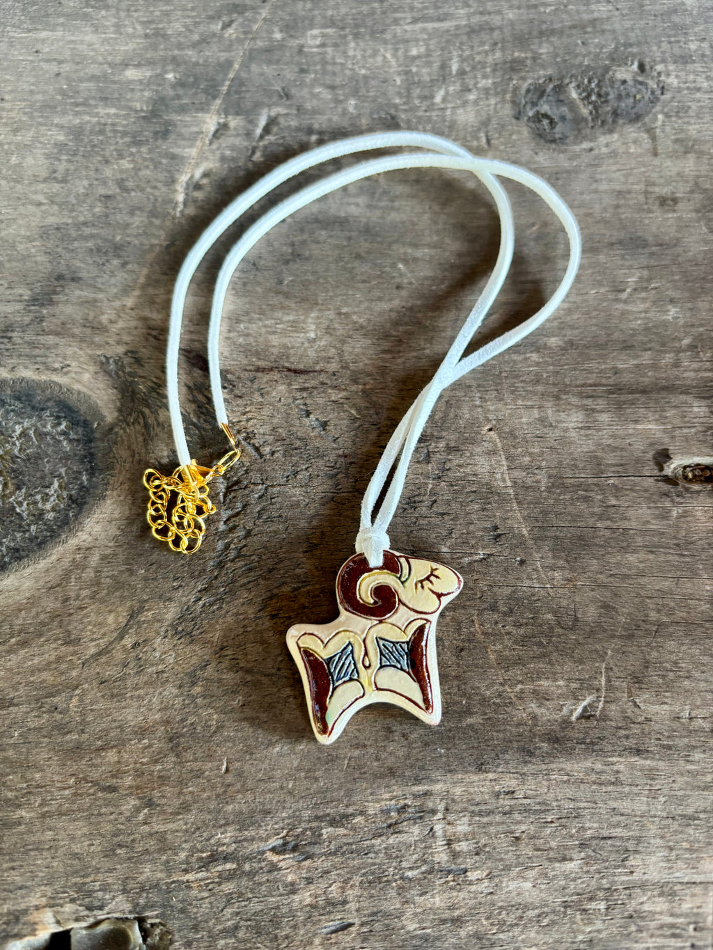 Ceramic Ram Necklace, Cream Cord