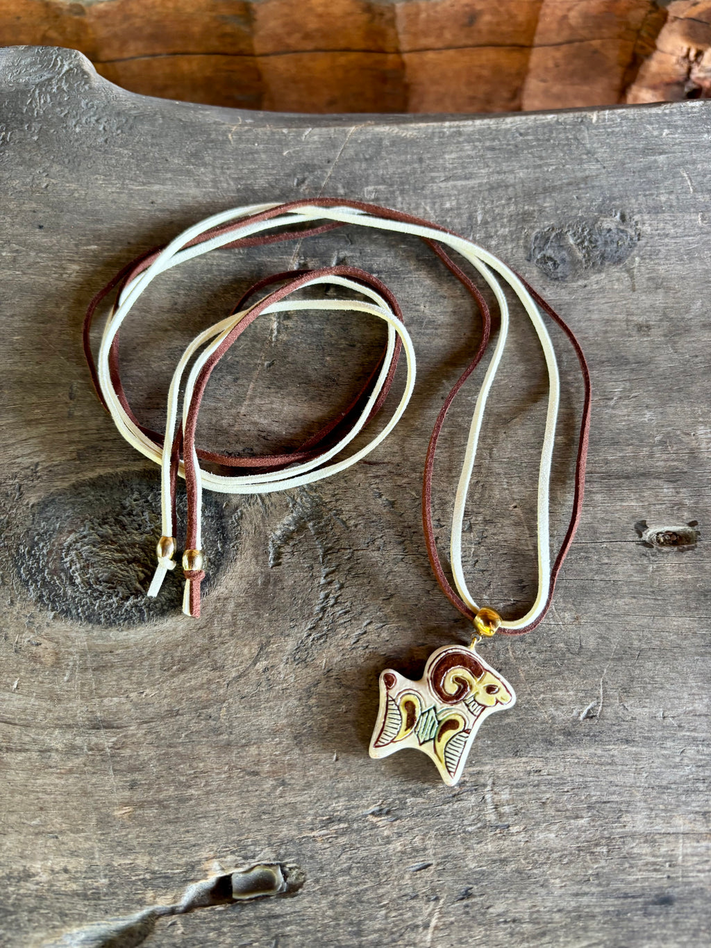 Ceramic Ram Necklace, Two-Tone Cord