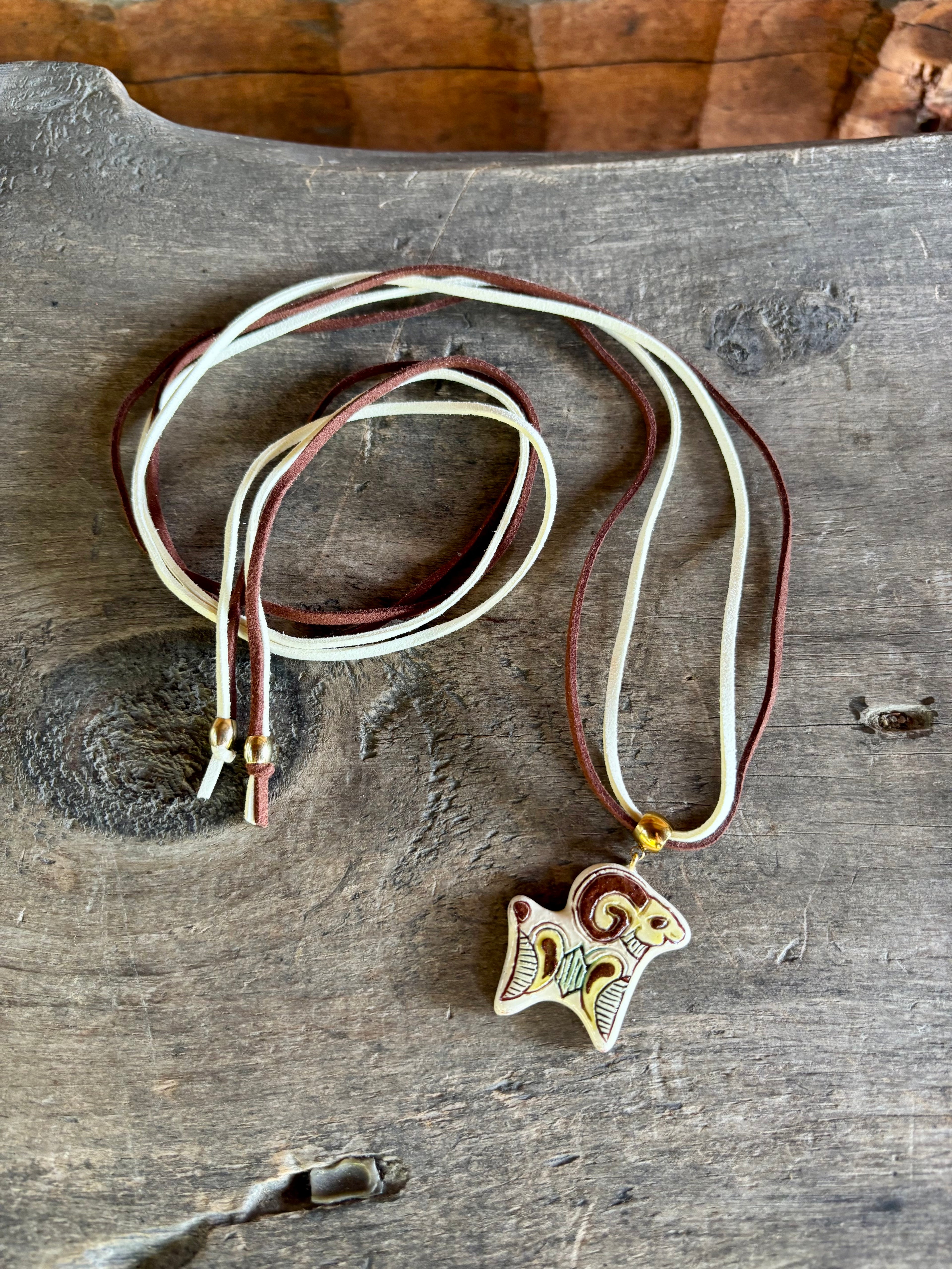 Ceramic Ram Necklace, Two-Tone Cord