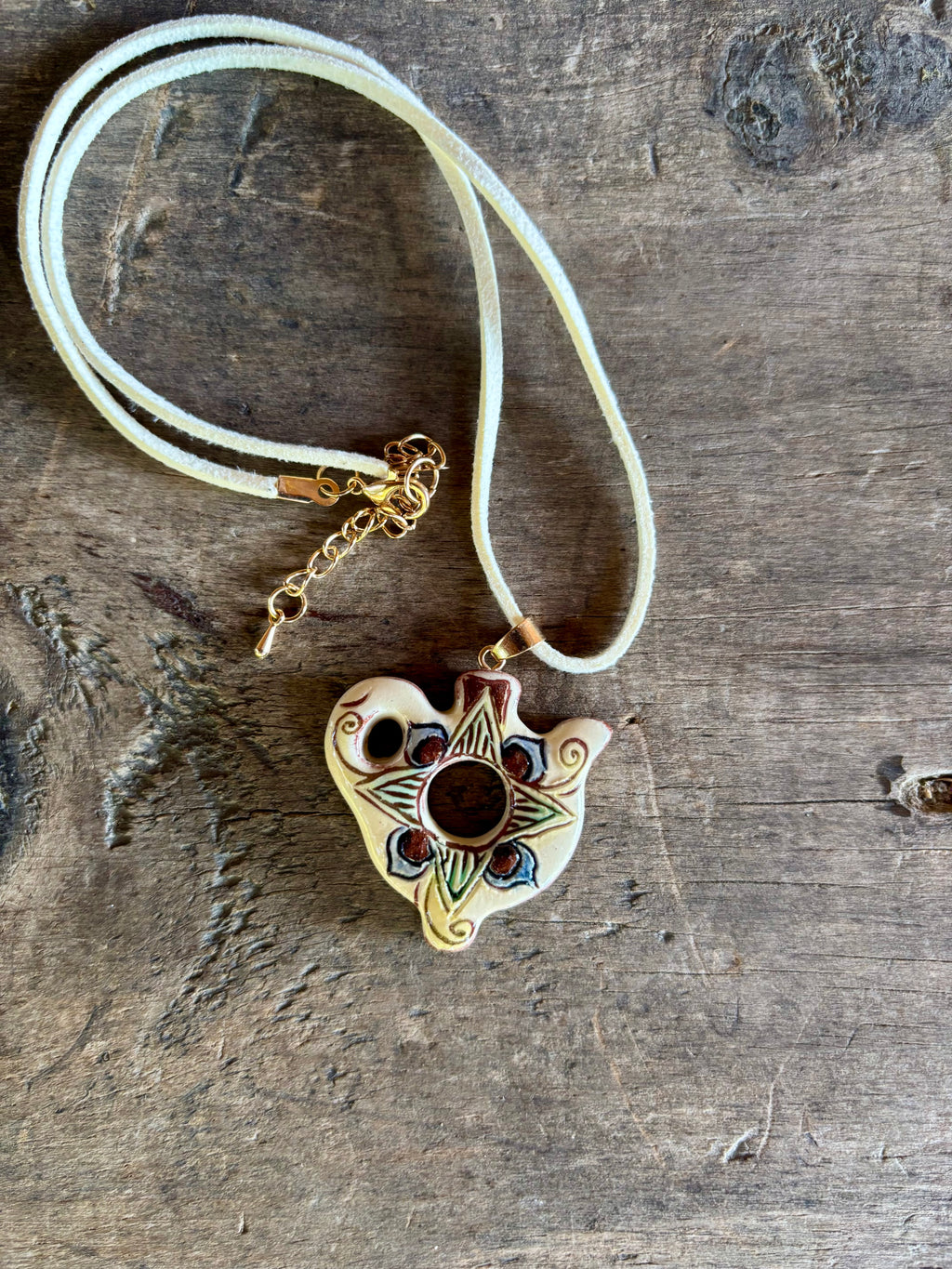 Openwork Ceramic Bird Necklace, Cream Cord