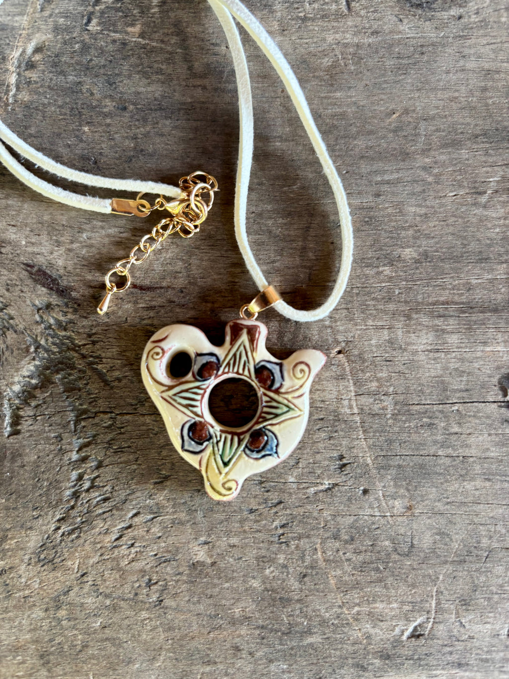 Openwork Ceramic Bird Necklace, Cream Cord