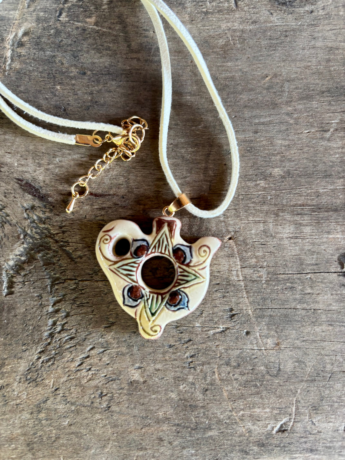 Openwork Ceramic Bird Necklace, Cream Cord