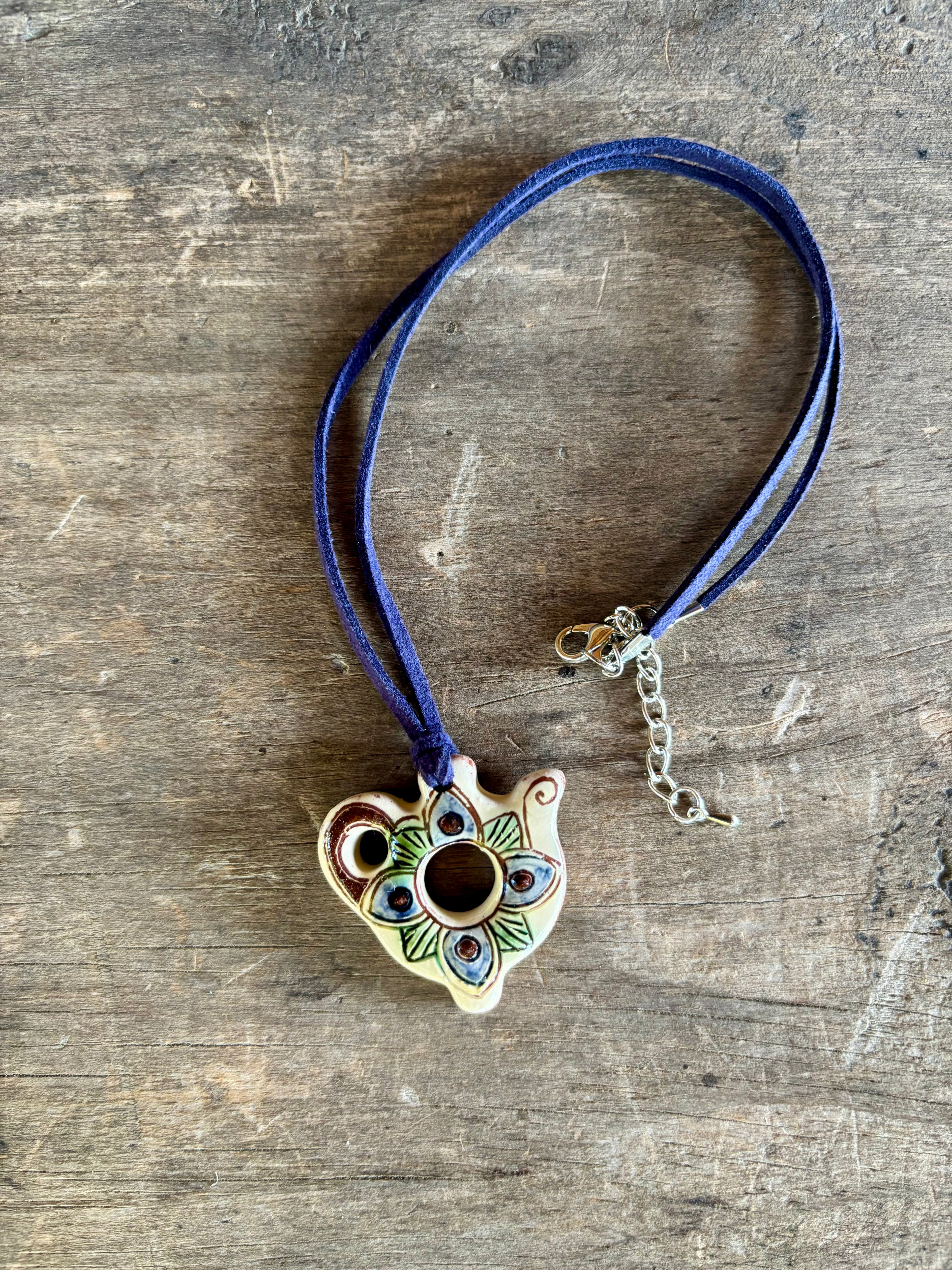 Openwork Ceramic Bird Necklace, Blue Cord