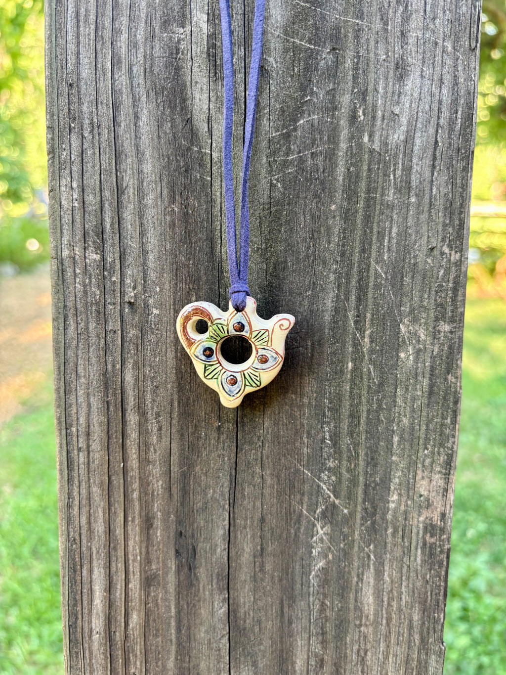 Openwork Ceramic Bird Necklace, Blue Cord