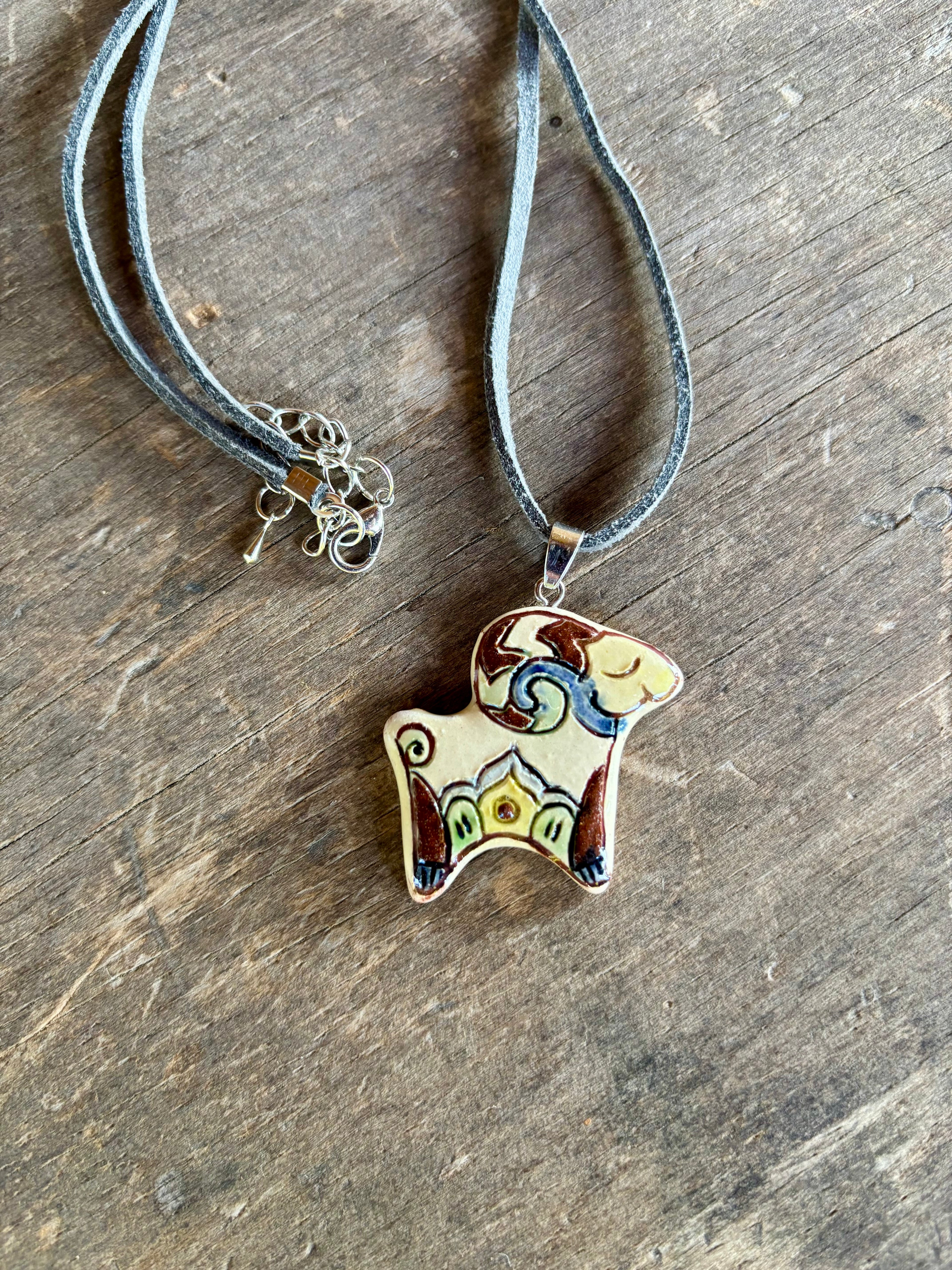 Hand-Painted Ceramic Ram Necklace, Gray Cord