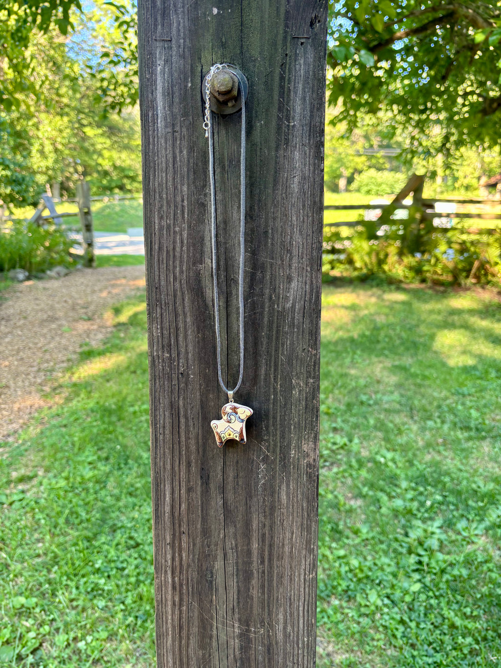Hand-Painted Ceramic Ram Necklace, Gray Cord