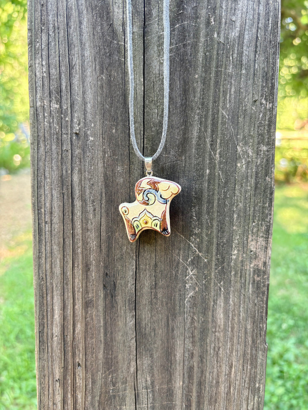 Hand-Painted Ceramic Ram Necklace, Gray Cord