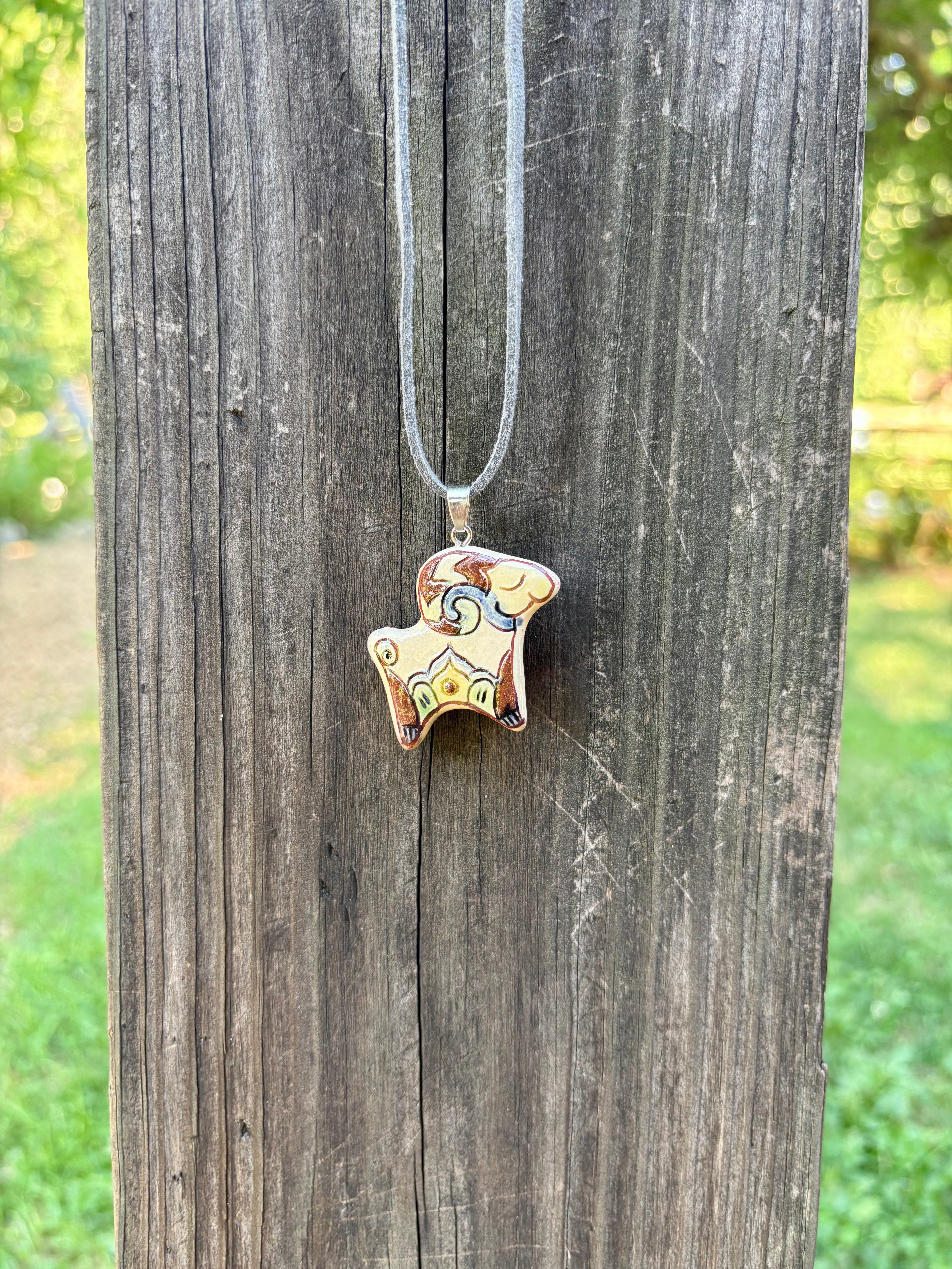 Hand-Painted Ceramic Ram Necklace, Gray Cord