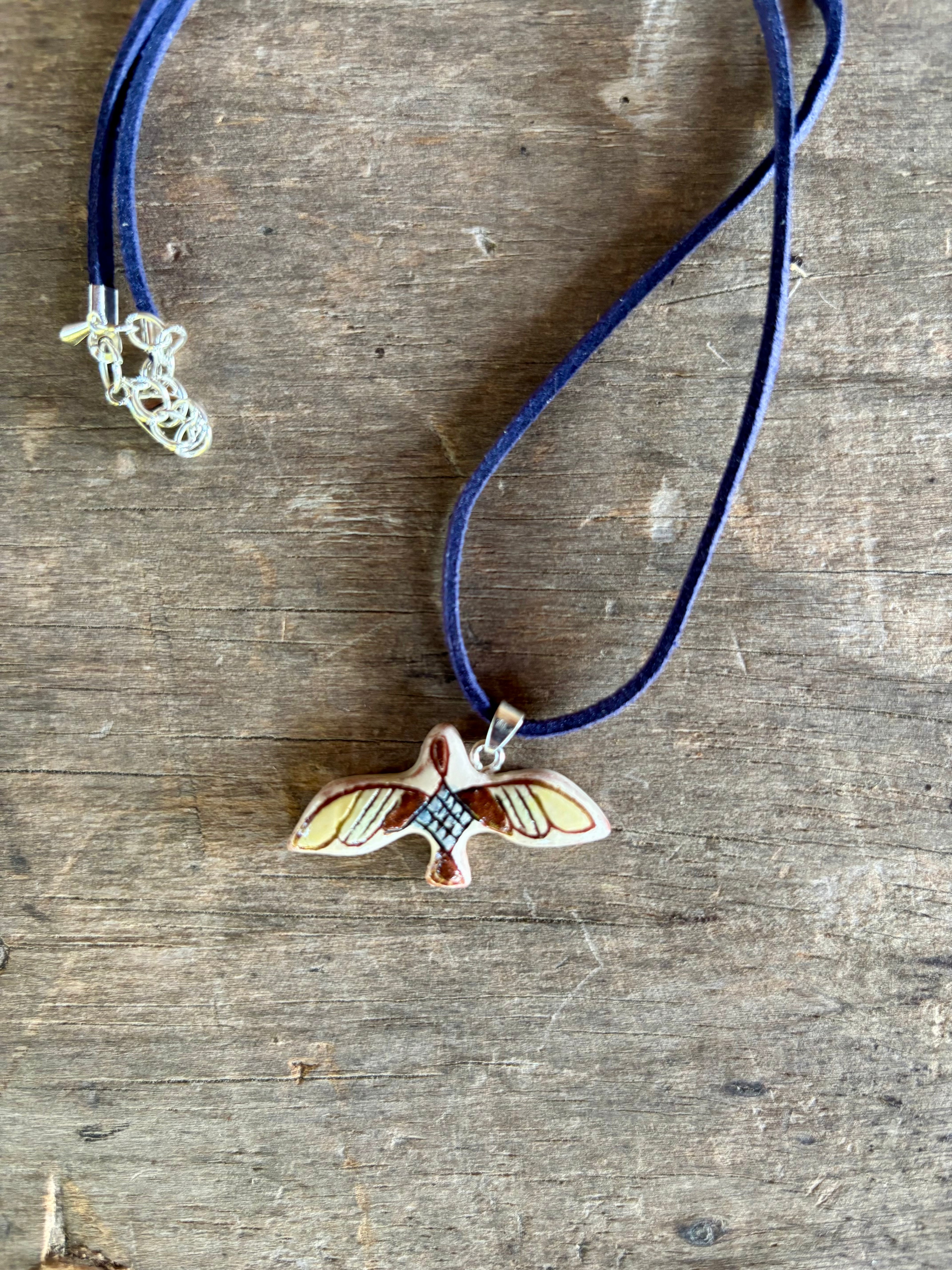 Ceramic Flying Bird Necklace, Blue Cord