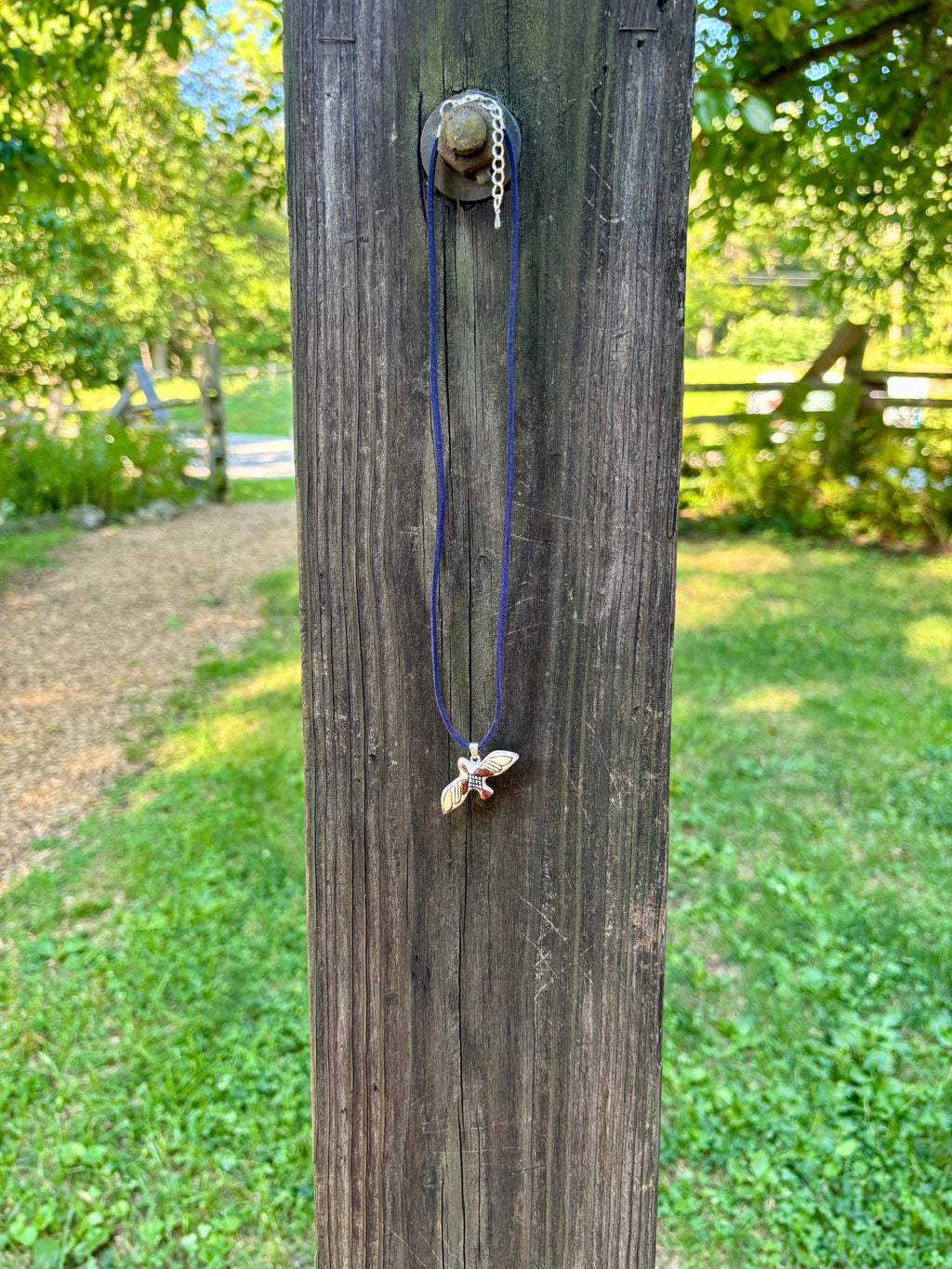 Ceramic Flying Bird Necklace, Blue Cord
