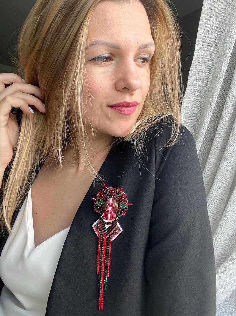 Ukrainian Motanka Brooch — Burgundy