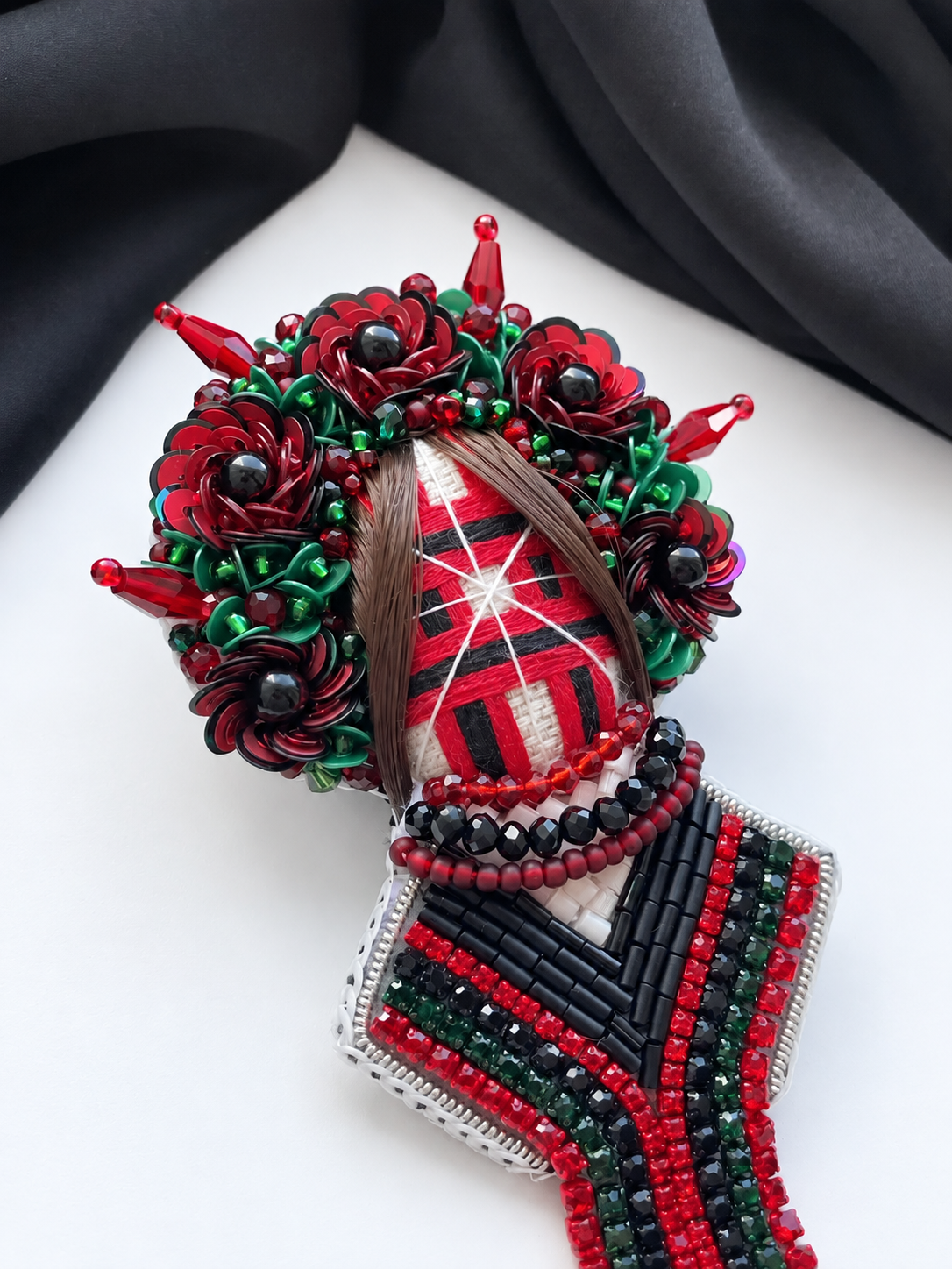 Ukrainian Motanka Brooch — Burgundy