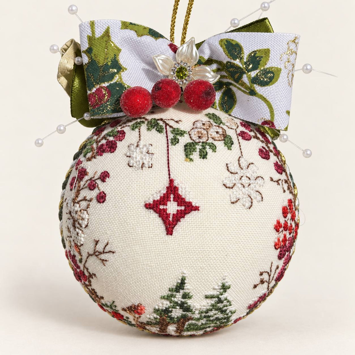 Set of 4 Hand-Embroidered Christmas Ornaments — 4.5"