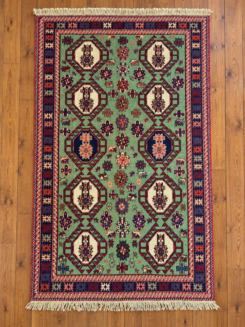 Sage Green Medallion Georgian Soumak Rug — 6′ 4″ × 3′ 11″ - Trembita Studio