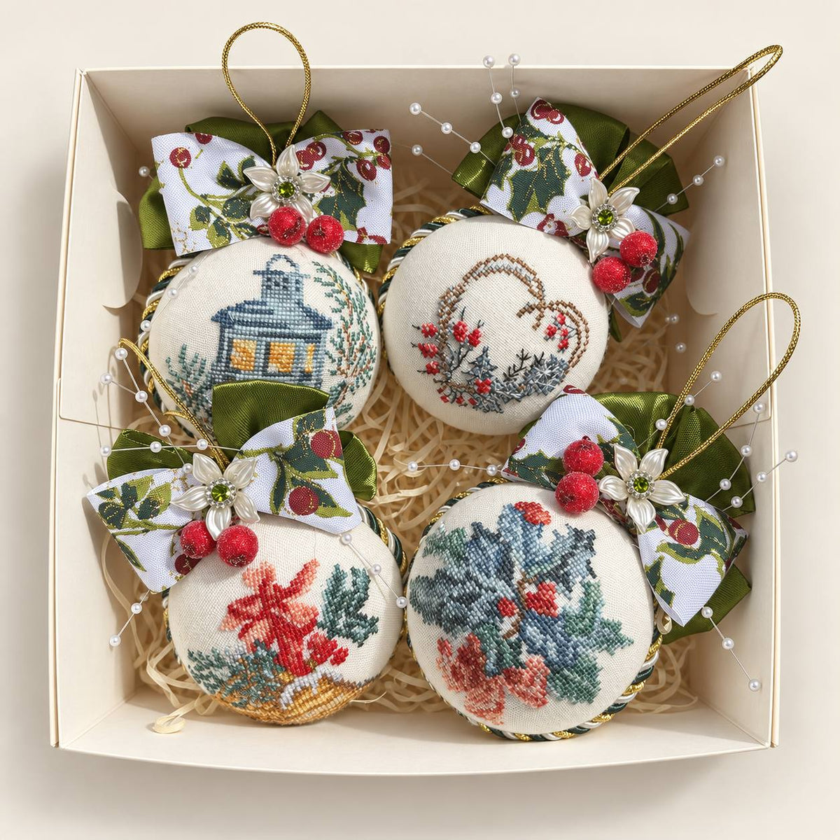 Set of 4 hand-embroidered Ukrainian Christmas ornaments in a gift box, with cottage, heart wreath, bell, and holly motifs