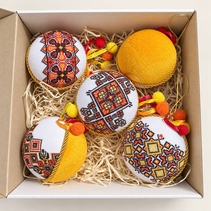 Set of 5 hand-embroidered Ukrainian Christmas ornaments in a gift box, with geometric folk patterns and pom-pom trim