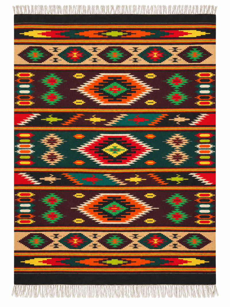 Vintage Forest Medallion wool kilim, full view, with burgundy and teal medallion bands framed by tan diamond borders