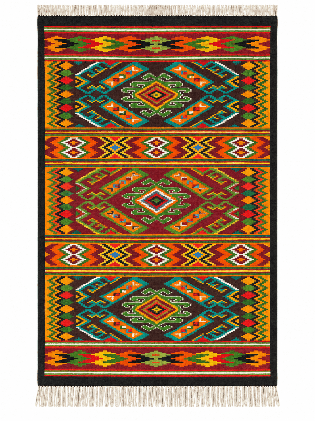 Vintage Carpathian Ember Mosaic kilim, full view, with black border and orange, teal, and green diamond medallions